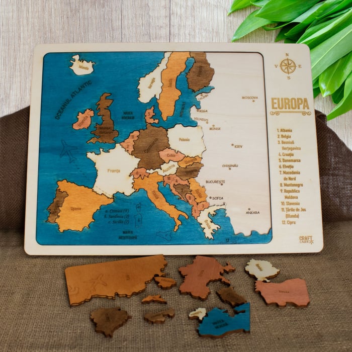 Puzzle Educativ Din Lemn, Gravat, Harta Europei Pe Tari Si Capitale [3]
