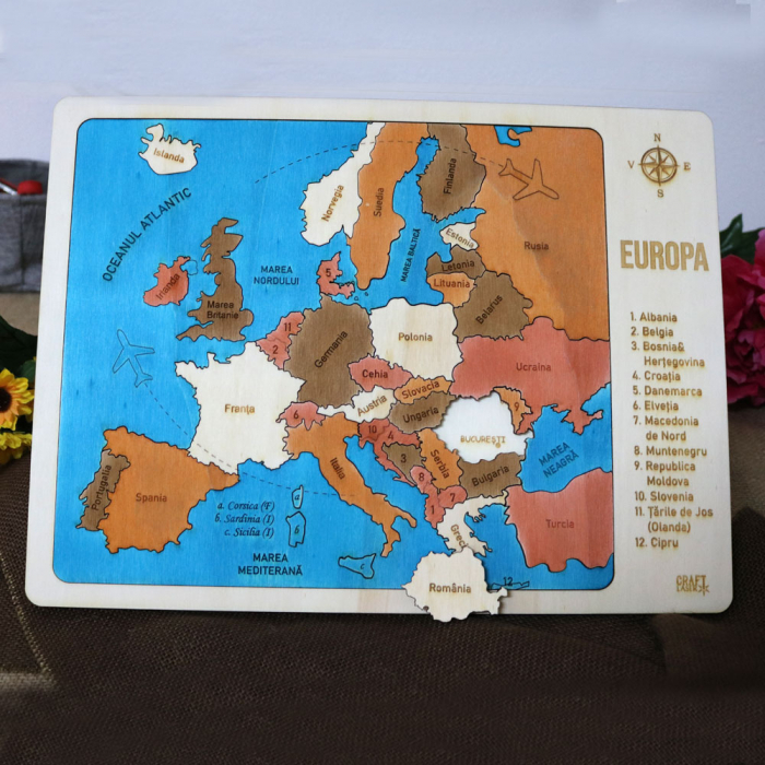 Puzzle Educativ Din Lemn, Gravat, Harta Europei Pe Tari Si Capitale [6]