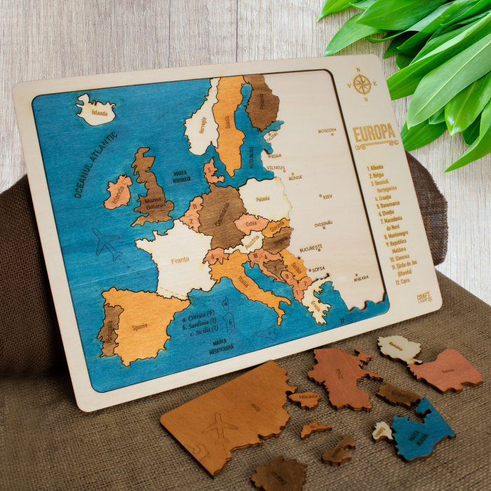 Puzzle Educativ Din Lemn, Gravat, Harta Europei Pe Tari Si Capitale [4]