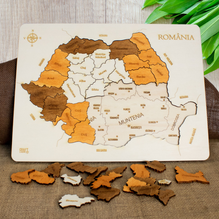 Puzzle Educativ Din Lemn, Gravat, Harta Romaniei Pe Judete Si Orase [3]