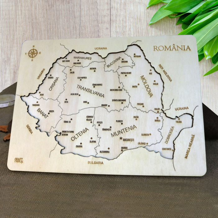 Puzzle Educativ Din Lemn, Gravat, Harta Romaniei Pe Judete Si Orase [7]