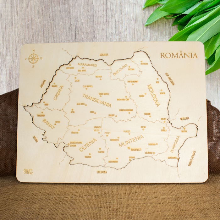 Puzzle Educativ Din Lemn, Gravat, Harta Romaniei Pe Judete Si Orase [2]