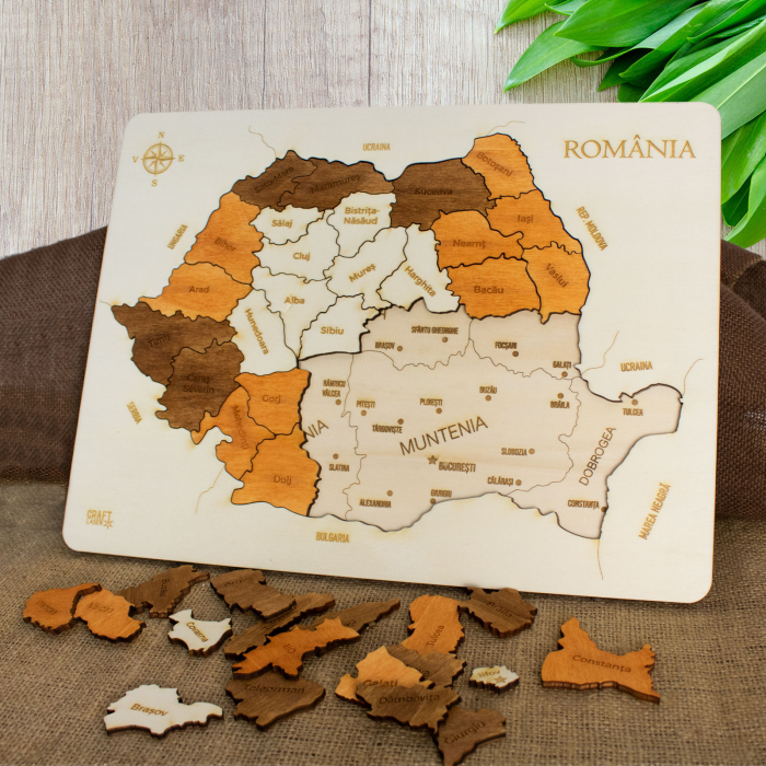 Puzzle Educativ Din Lemn, Gravat, Harta Romaniei Pe Judete Si Orase [4]