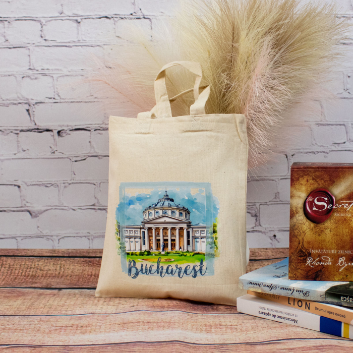 Sacosa din bumbac, suvenir, Ateneul Roman, Bucuresti, dimensiune 22 x 26 cm [2]