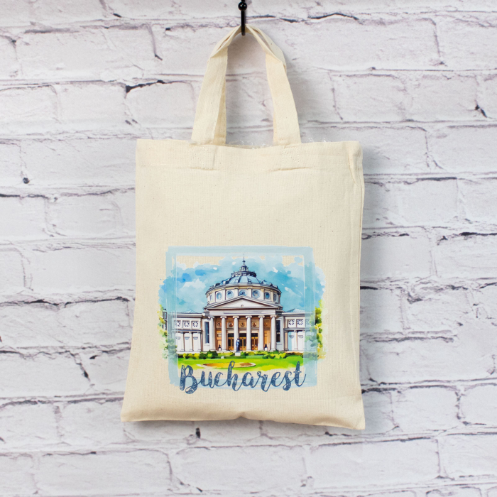 Sacosa din bumbac, suvenir, Ateneul Roman, Bucuresti, dimensiune 22 x 26 cm [5]