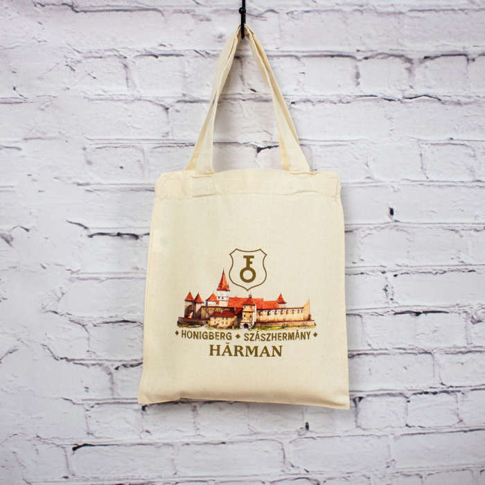 Sacosa din bumbac, suvenir, Biserica - Cetate Fortificata Hărman, dimensiune 22 x 26 cm [6]