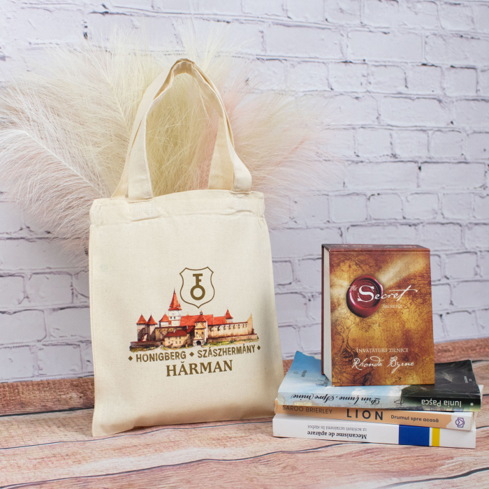 Sacosa din bumbac, suvenir, Biserica - Cetate Fortificata Hărman, dimensiune 22 x 26 cm [3]