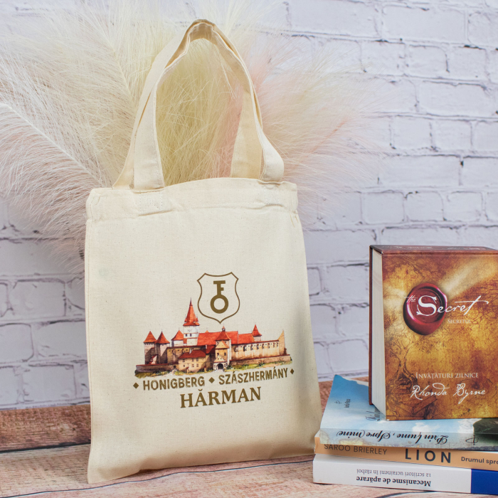 Sacosa din bumbac, suvenir, Biserica - Cetate Fortificata Hărman, dimensiune 22 x 26 cm [5]