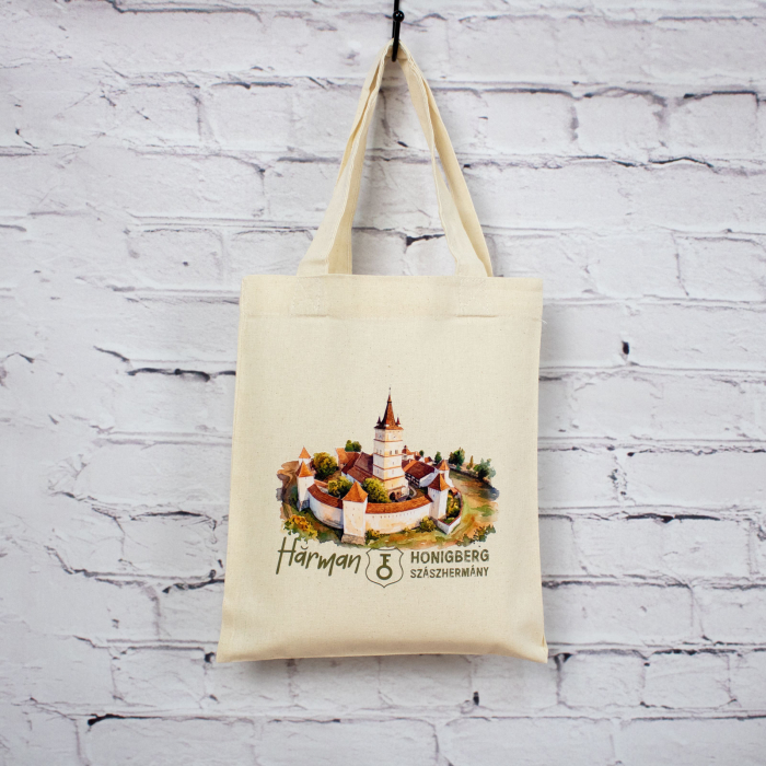 Sacosa din bumbac, suvenir, Biserica Evanghelica Fortificata Hărman, dimensiune 22 x 26 cm [6]