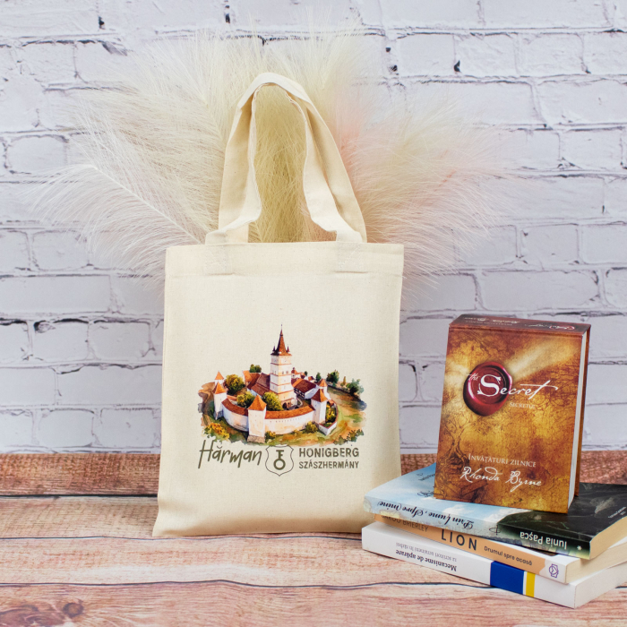 Sacosa din bumbac, suvenir, Biserica Evanghelica Fortificata Hărman, dimensiune 22 x 26 cm [2]