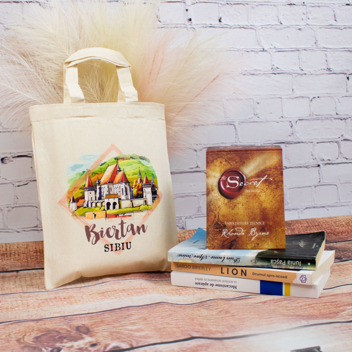 Sacosa din bumbac, suvenir, Biserica Fortificata Biertan, Sibiu, dimensiune 22 x 26 cm [3]