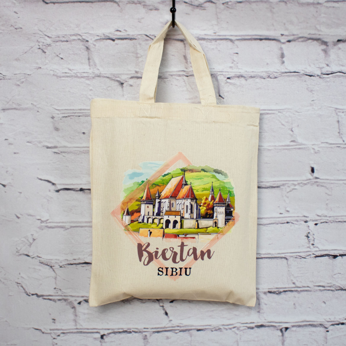 Sacosa din bumbac, suvenir, Biserica Fortificata Biertan, Sibiu, dimensiune 22 x 26 cm [4]