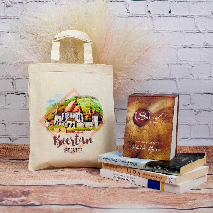 Sacosa din bumbac, suvenir, Biserica Fortificata Biertan, Sibiu, dimensiune 22 x 26 cm [2]