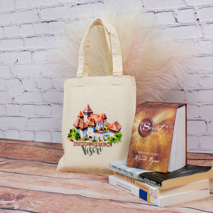 Sacosa din bumbac, suvenir, Biserica Fortificata Viscri, dimensiune 22 x 26 cm [4]