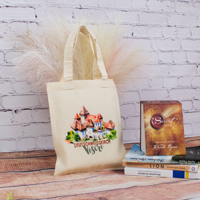 Sacosa din bumbac, suvenir, Biserica Fortificata Viscri, dimensiune 22 x 26 cm [3]