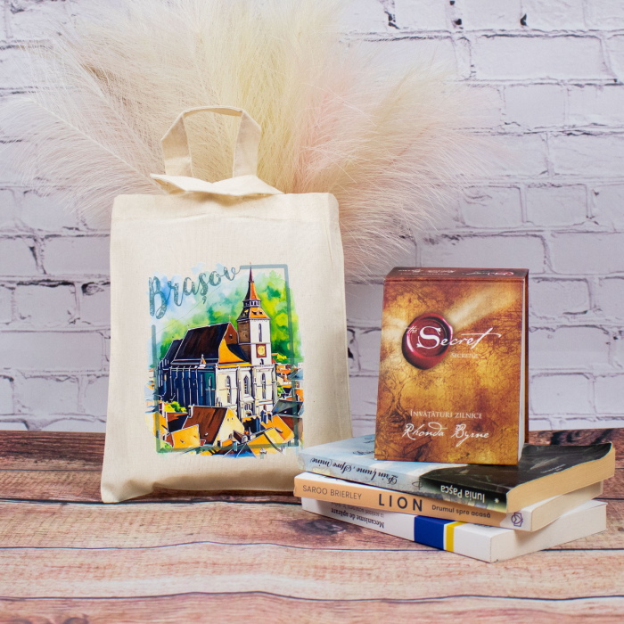 Sacosa din bumbac, suvenir, Biserica Neagra, Brasov, dimensiune 22 x 26 cm [2]