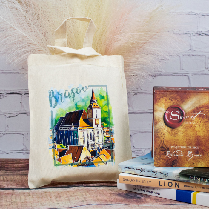 Sacosa din bumbac, suvenir, Biserica Neagra, Brasov, dimensiune 22 x 26 cm [3]
