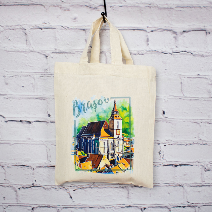 Sacosa din bumbac, suvenir, Biserica Neagra, Brasov, dimensiune 22 x 26 cm [4]