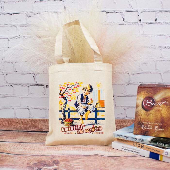 Sacosa din bumbac, suvenir, La furat de cirese - Amintiri din Copilarie, dimensiune 22 x 24 cm [2]