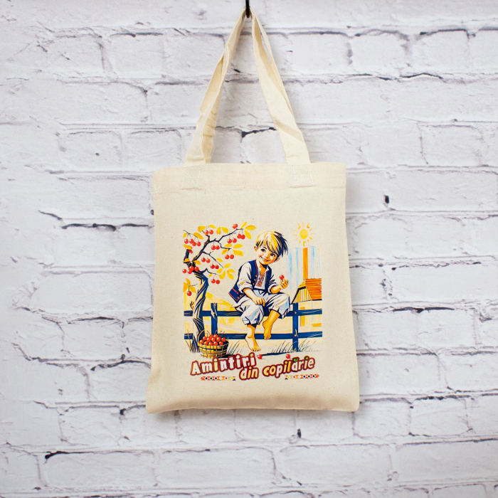 Sacosa din bumbac, suvenir, La furat de cirese - Amintiri din Copilarie, dimensiune 22 x 24 cm [5]