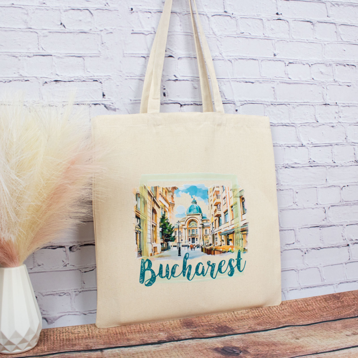 Sacosa din bumbac, suvenir, Palatul CEC Bucuresti (vedere din Centrul Vechi) [2]