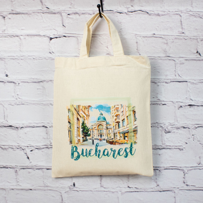 Sacosa din bumbac, suvenir, Palatul CEC Bucuresti (vedere din Centrul Vechi), dimensiune 22 x 26 cm [5]