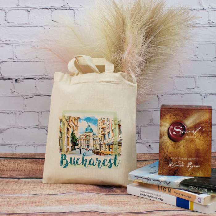 Sacosa din bumbac, suvenir, Palatul CEC Bucuresti (vedere din Centrul Vechi), dimensiune 22 x 26 cm [2]