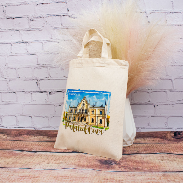 Sacosa din bumbac, suvenir, Palatul Cuza, Ruginoasa, dimensiune 22 x 26 cm [3]