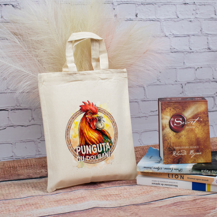 Sacosa din bumbac, suvenir, Punguta cu 2 bani - Amintiri din Copilarie, dimensiune 22 x 26 cm [3]