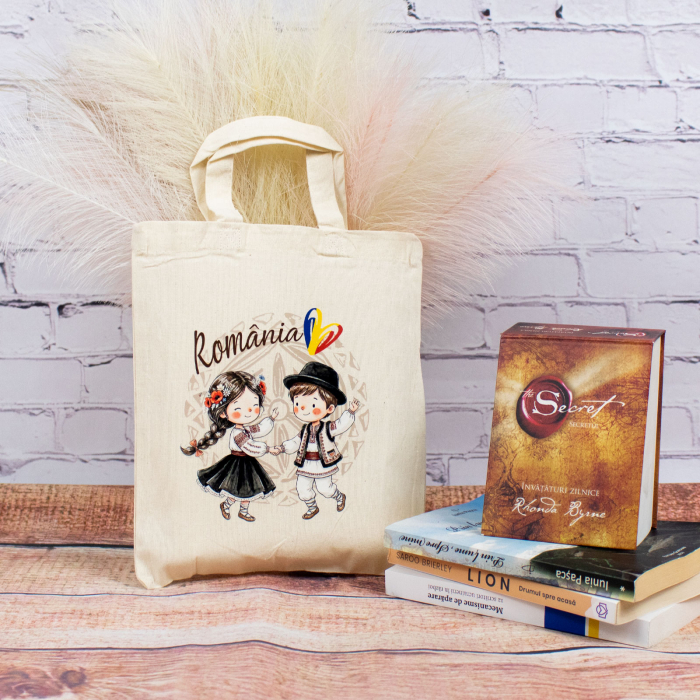 Sacosa din bumbac, suvenir, Romanasi, asa cum suntem, dimensiune 22 x 26 cm [2]