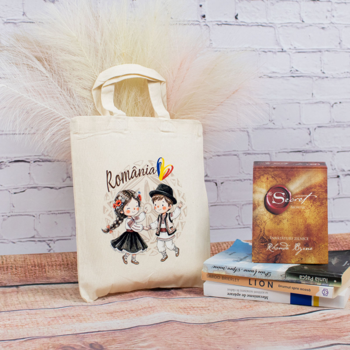 Sacosa din bumbac, suvenir, Romanasi, asa cum suntem, dimensiune 22 x 26 cm [3]
