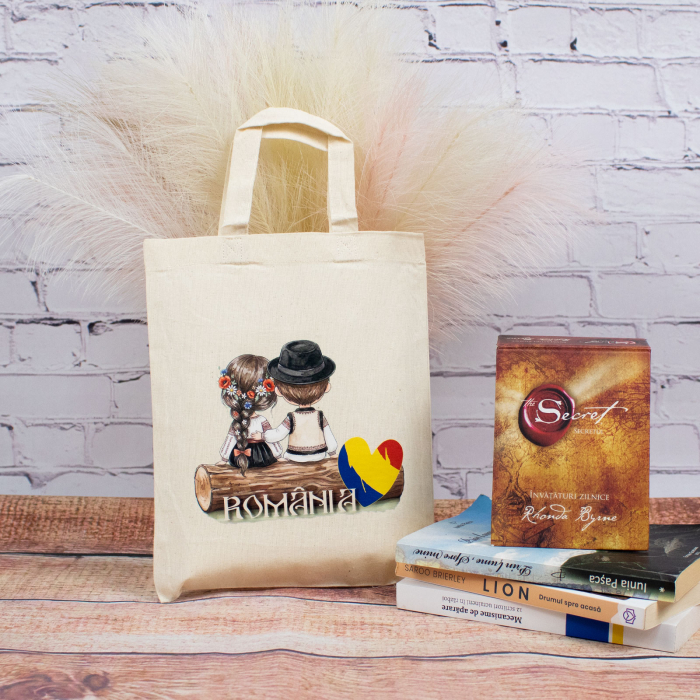Sacosa din bumbac, suvenir, Româncuță și românaș – din locuri trăite, dimensiune 22 x 26 cm [2]