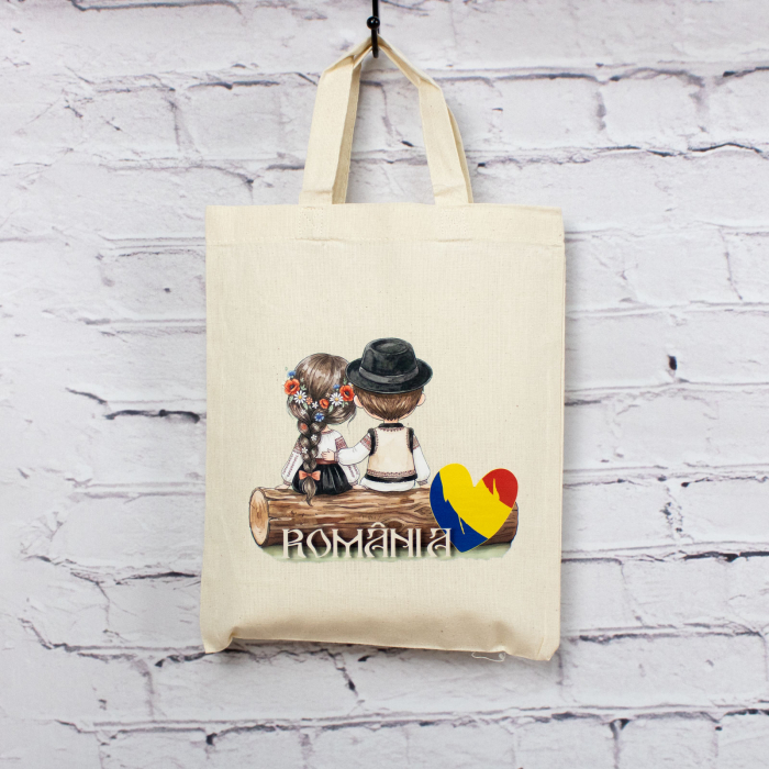 Sacosa din bumbac, suvenir, Româncuță și românaș – din locuri trăite, dimensiune 22 x 26 cm [5]