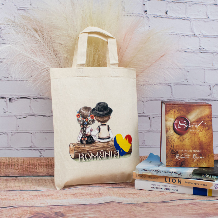 Sacosa din bumbac, suvenir, Româncuță și românaș – din locuri trăite, dimensiune 22 x 26 cm [3]