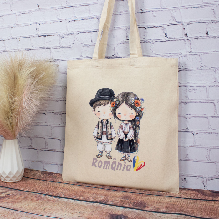 Sacosa din bumbac, suvenir, Româncuță și românaș – din România noastră [3]