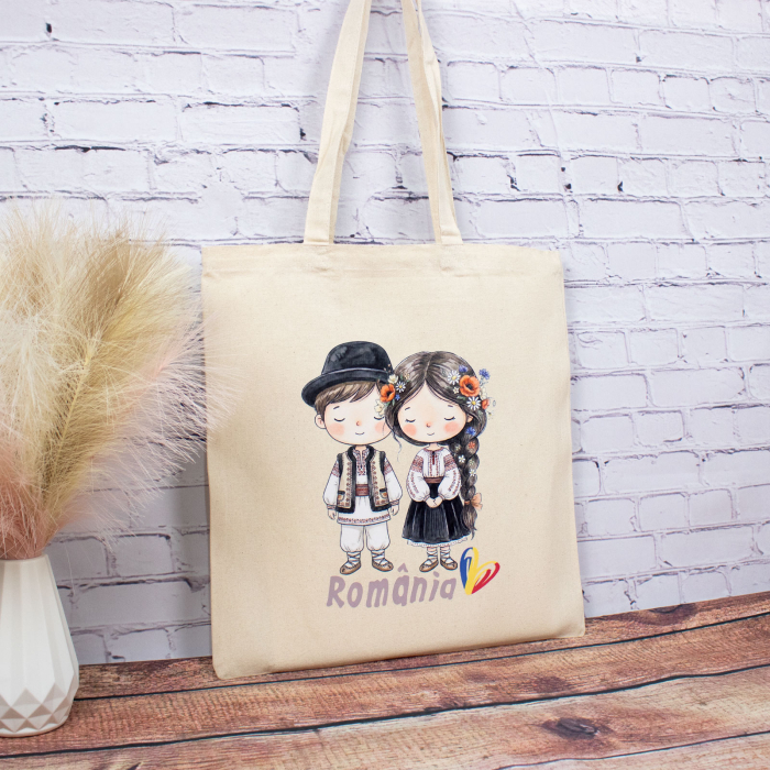 Sacosa din bumbac, suvenir, Româncuță și românaș – din România noastră [2]