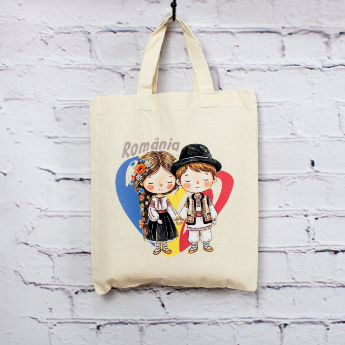 Sacosa din bumbac, suvenir, România noastră, în oameni simpli, dimensiune 22 x 26 cm [5]