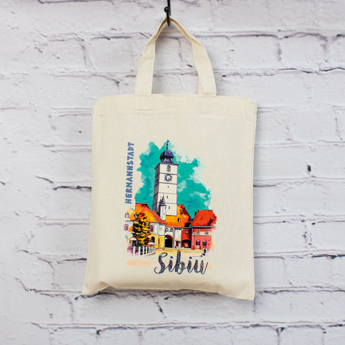 Sacosa din bumbac, suvenir, Turnul Sfatului, Sibiu, dimensiune 22 x 26 cm [5]