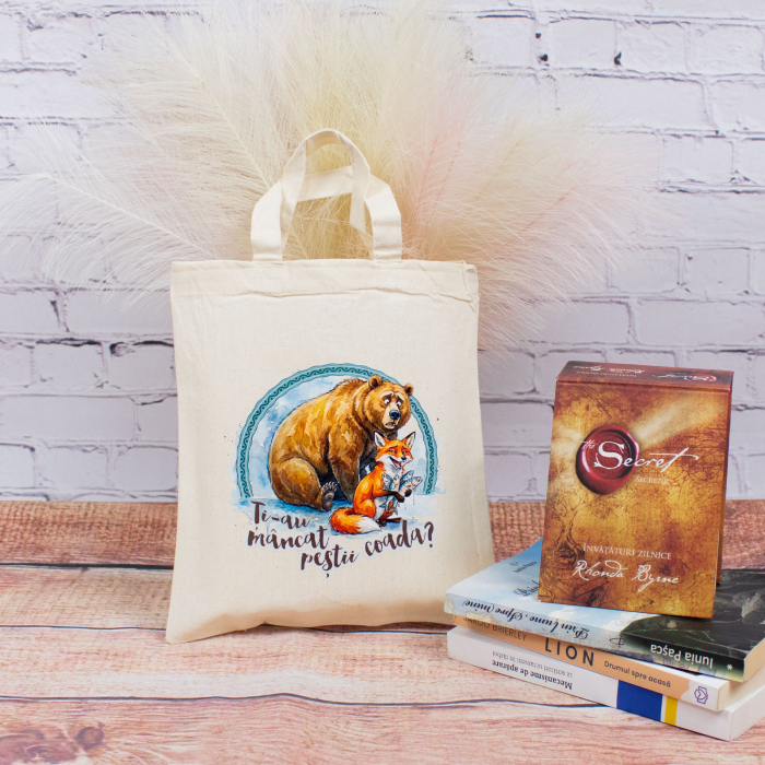 Sacosa din bumbac, suvenir, Ursul pacalit de vulpe - Amintiri din Copilarie, dimensiune 22 x 26 cm [2]