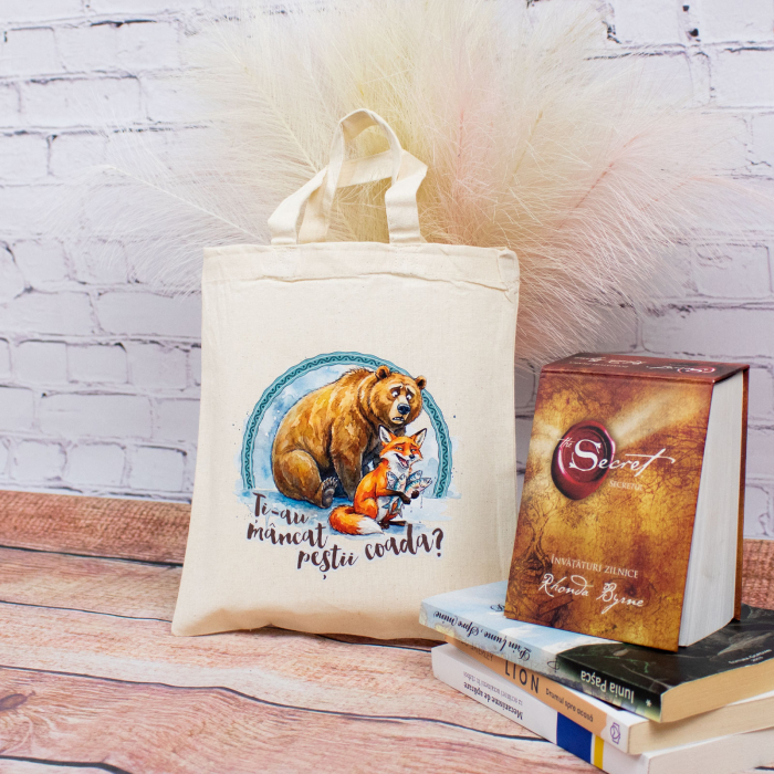 Sacosa din bumbac, suvenir, Ursul pacalit de vulpe - Amintiri din Copilarie, dimensiune 22 x 26 cm [4]
