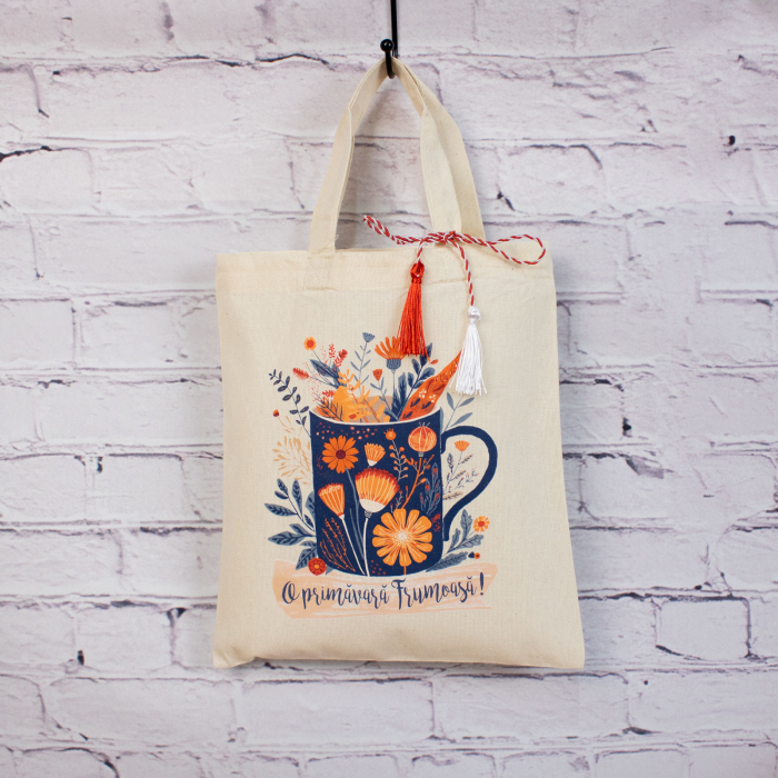 Sacoșă mărțișor textilă din bumbac, 22 × 26 cm – Cană plină cu primăvară [4]