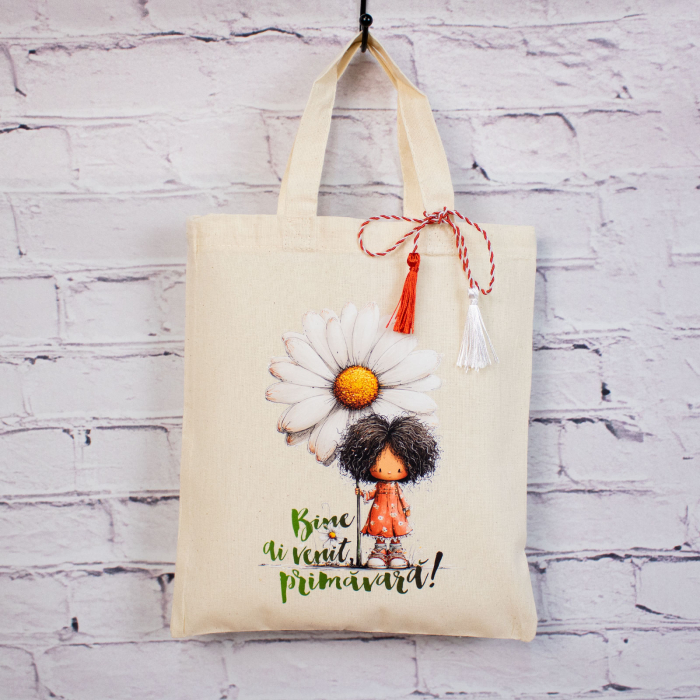 Sacoșă mărțișor textilă din bumbac, 22 × 26 cm – Fetița cu flori [4]