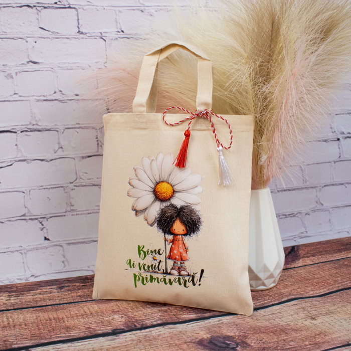 Sacoșă mărțișor textilă din bumbac, 22 × 26 cm – Fetița cu flori [2]