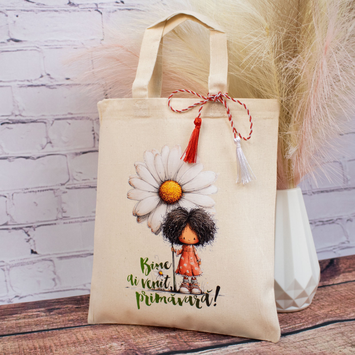 Sacoșă mărțișor textilă din bumbac, 22 × 26 cm – Fetița cu flori [3]