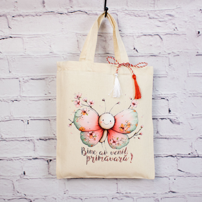 Sacoșă mărțișor textilă din bumbac, 22 × 26 cm – Fluturaș "Bine ai venit primavara" [4]