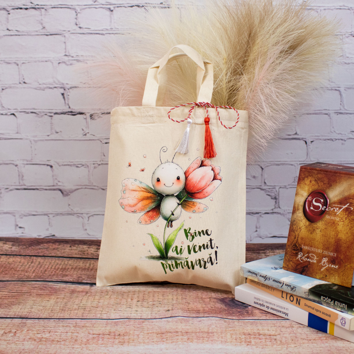 Sacoșă mărțișor textilă din bumbac, 22 × 26 cm – Fluturași colorați [5]