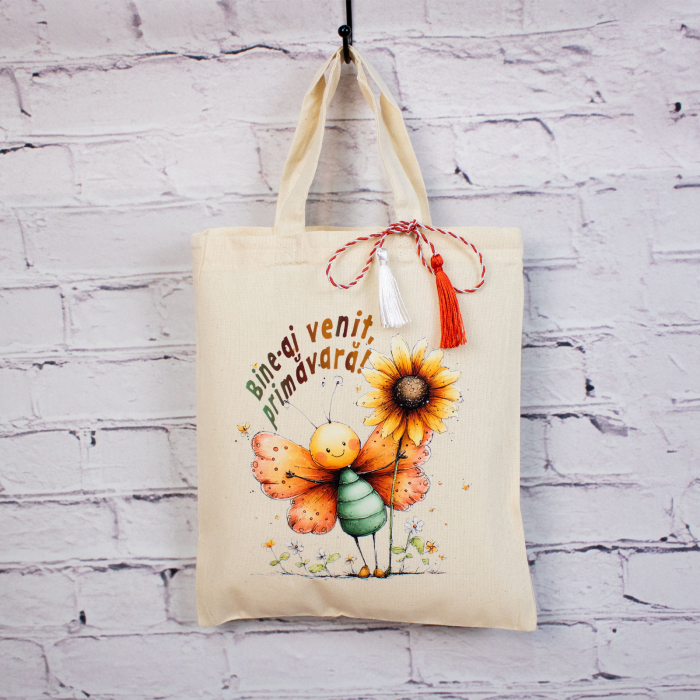 Sacoșă mărțișor textilă din bumbac, 22 × 26 cm – Fluturași de primăvară [4]