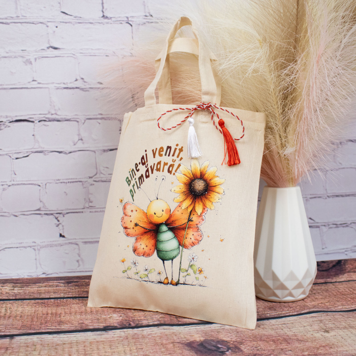 Sacoșă mărțișor textilă din bumbac, 22 × 26 cm – Fluturași de primăvară [2]