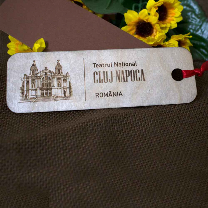 Semn de carte suvenir, din lemn, gravat “Teatrul National” Cluj Napoca [2]