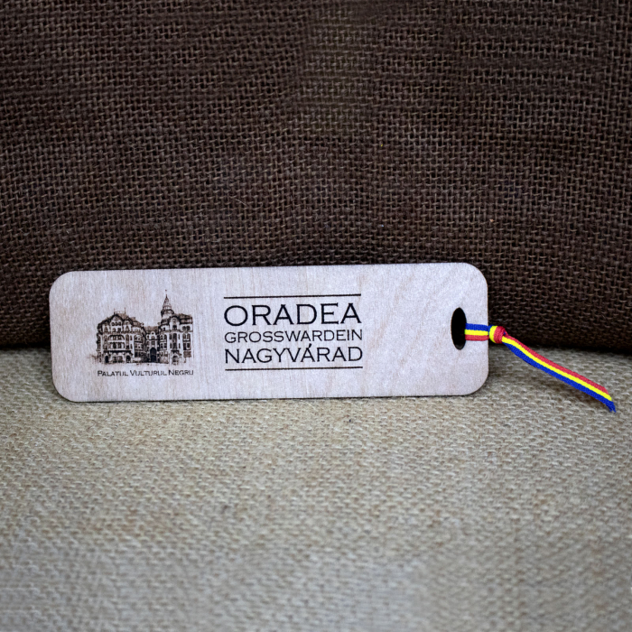 Semn de carte suvenir, din lemn, gravat, Palatul Vulturul Negru, Oradea [3]